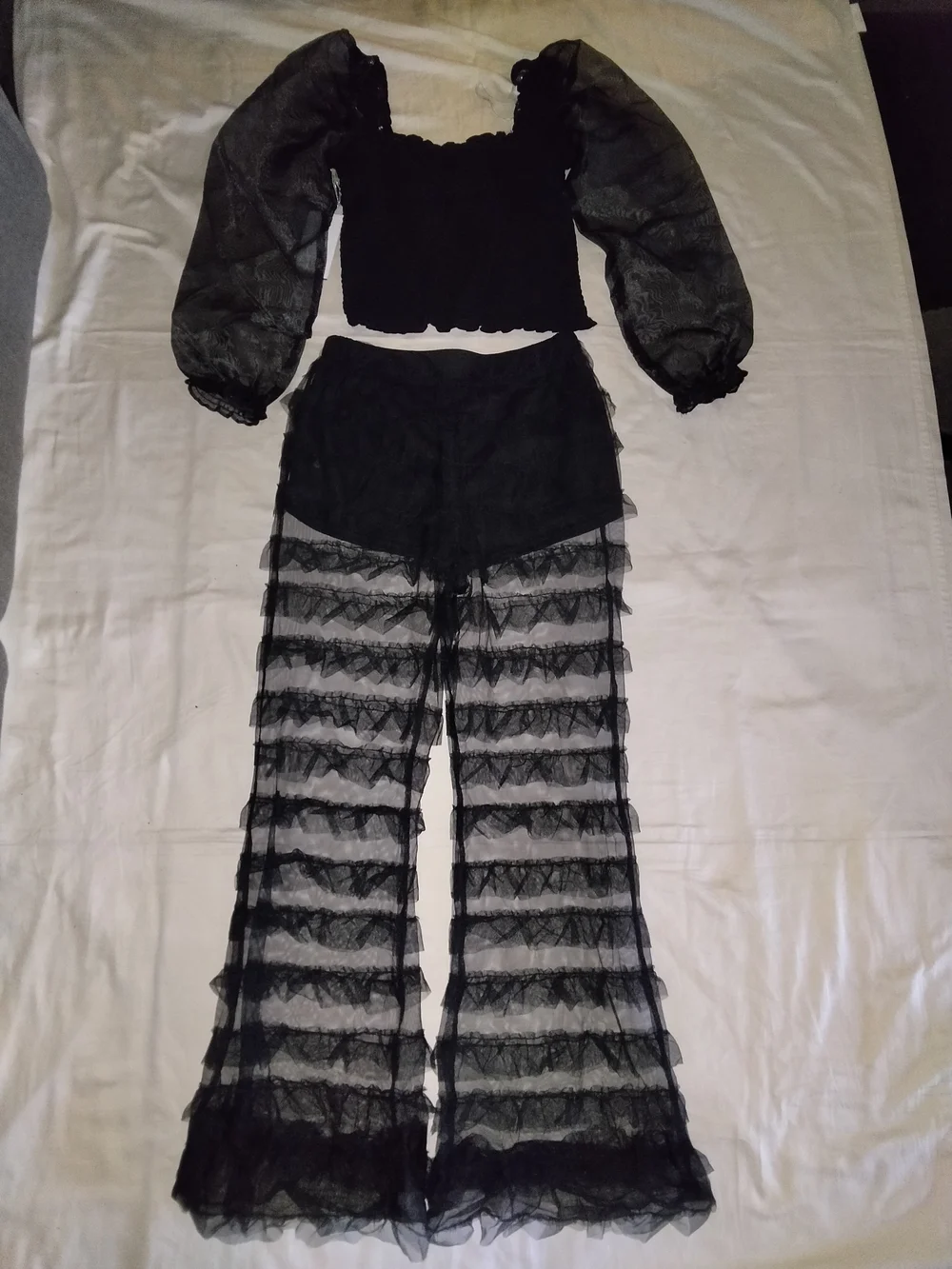 Bershka Black Sheer Ruffle Mesh Two-Piece Set